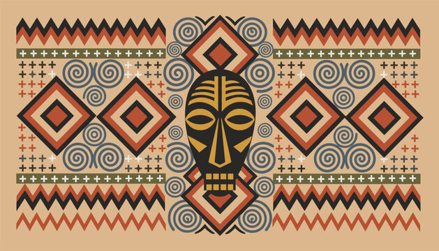 African traditional pattern with a central black and gold mask surrounded by geometric shapes and spirals.