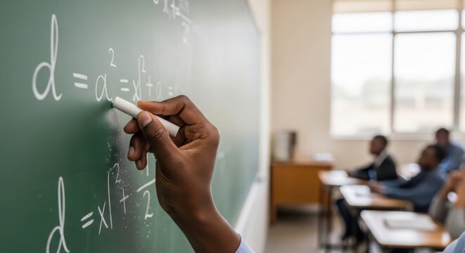 Hand writing mathematics equations on chalkboard in classroom with students observing. Writing includes d equals a squared and linear equation solving d equals x squared plus y.