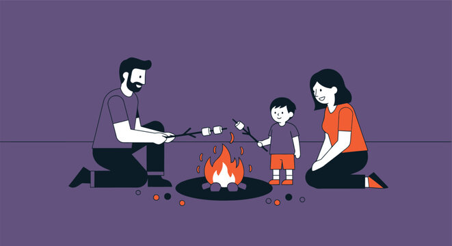 Family roasting marshmallows over campfire vector illustration. Happy parents and young son camping at night, sitting by bonfire. Outdoor summer vacation, weekend picnic flat graphic banner.