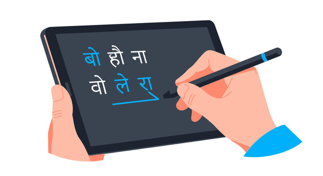 Hand Writing Hindi Script on Digital Tablet with Stylus Pen, Language Learning Concept Illustration