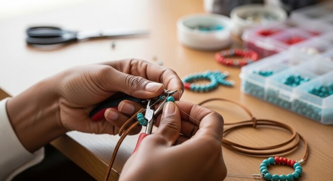 Jewelry making hands crafting colorful bracelets with beads and tools on wooden table. Jewelry making process includes crafting vibrant bead combinations,
