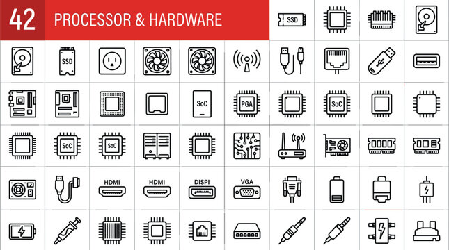 Computer central processing unit microchip and internal hardware engineering electronic components line icon set isolated on white