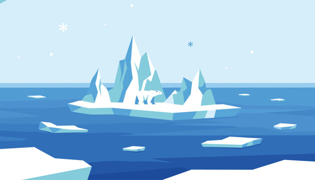 Polar bear standing alone on a melting iceberg in the middle of a vast cold blue Arctic ocean with glaciers.
