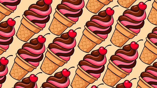 A playful seamless pattern featuring chocolate and strawberry swirl ice cream cones topped with bright red cherries on a warm cream background, perfect for summer packaging