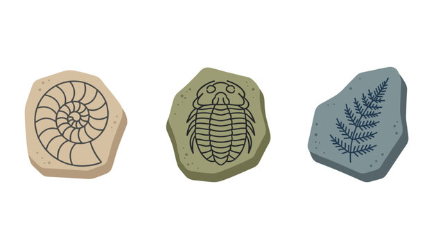 Collection of three ancient fossils including ammonite shell trilobite and prehistoric fern leaf on colored stones.