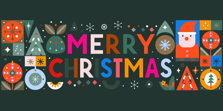 merry christmas typography with geometric icons santa