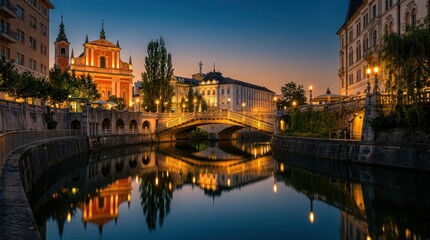 Fototapeta premium Ljubljana Slovenia Europe Cityscape River Bridge Architecture Dusk Twilight.