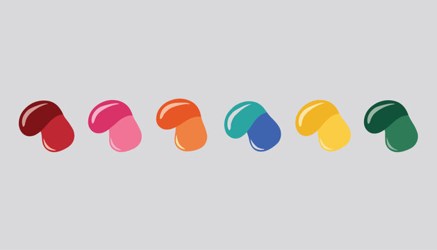 Row of six colorful glossy jelly bean candy shapes in different shades isolated on a grey background.