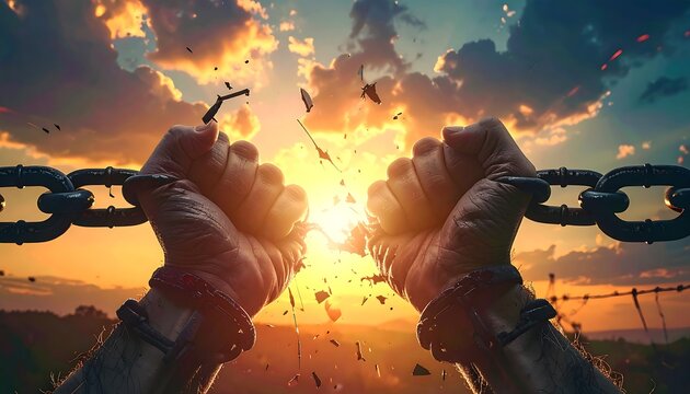 Two hands breaking chains at sunset; symbolic of liberation and triumph. Dramatic light and shadow play