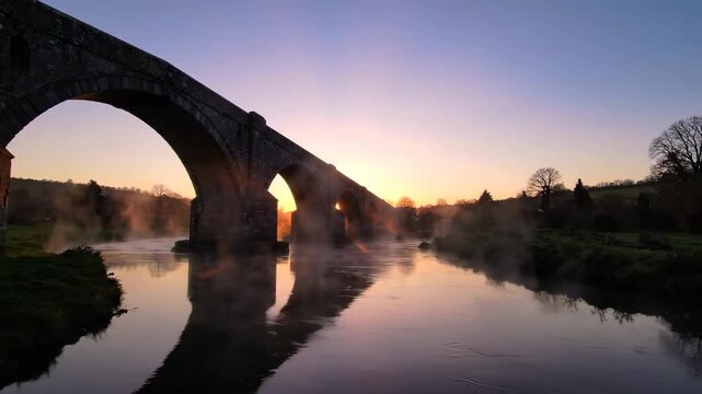 Cinematic sunrise over the historic bridge and river Teign in Newton Abbot Devon England with forced perspective and mist rising from the water