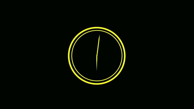 Minimalist yellow clock animation with fast moving hands on a black background for motion graphics and video overlays featuring a clean graphic design style