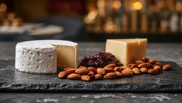 Artisan vegan cheese board with cashew camembert, cheese block, jam, and almonds