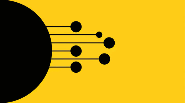 Black semicircle with branching node connections on yellow