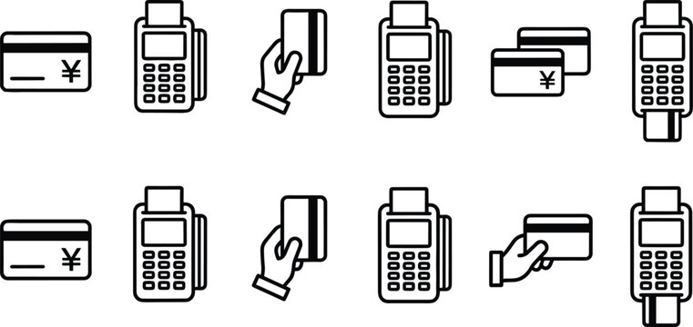 Electronic payment terminal and credit card with yen currency symbol thin line icon set isolated on white