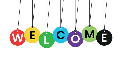 Colorful welcome sign hanging from strings bright and cheerful greeting for new customers or guests © srvectrold