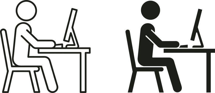 Employee sitting at office desk working on computer stick figure outline and solid pictogram icon isolated on white