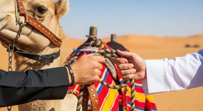 Camel interaction in desert environment with hands exchanging traditional colorful fabric on camel's harness. Camel bonding experience highlighted by cultural attire,
