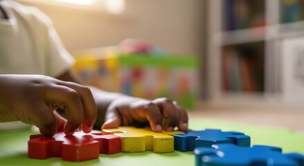 Fototapeta premium Child playing with colorful puzzle pieces on green mat, engaging hands-on activity develops motor skills. Child explores vibrant blocks for educational play and creativity in early childhood.
