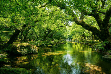 Obraz premium 新緑に包まれた静かな森 Quiet Green Forest｜Generative AI