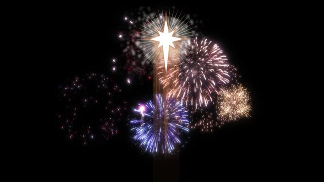 Christmas star with fireworks display. Festive holiday background with bright night lights.
