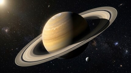 Naklejka premium Saturn and its Moon in Cosmic Splendor: A majestic view of Saturn, showcasing its iconic rings and swirling atmosphere, accompanied by a small moon, set against the vast expanse of the starry cosmos.