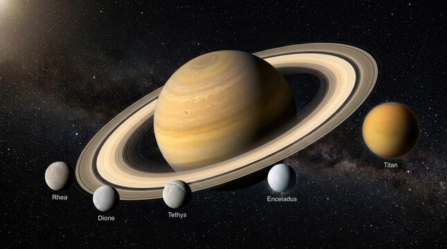 Saturn and its Moons: An astronomical depiction showcasing the majestic ringed planet Saturn alongside several of its notable moons, set against the vast expanse of the cosmos.