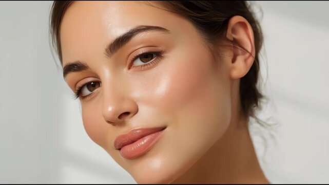 Radiant woman portrait closed eye sunlight glowing woman face closeup natural makeup soft lighting