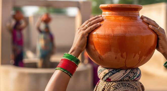 Women carrying pots of water on their heads in rural setting, showcasing traditional practices of water collection in community. Women in colorful attire collaborate harmoniously,
