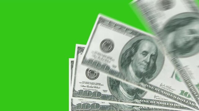 Animation of 100 dollar bills, animation of paper money, cash, business. Chromakey background. 4K video.