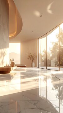 Modern interior design with large windows.
