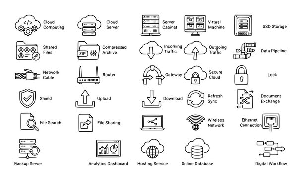 Modern Network Traffic and Cloud Data Exchange Linear Icons Collection Editable Stroke Vector Illustration