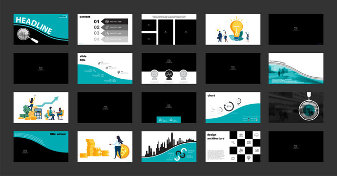 Business presentation, header, PowerPoint, financial income calculation, photo. Infographic template, green elements on black background, set. Team of people creating business. Vector illustrations
