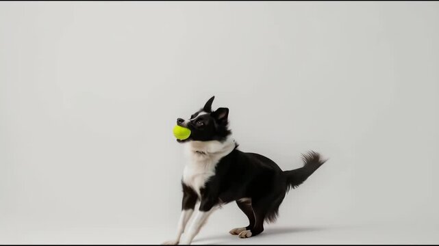 Playful border collie dog leaps to fetch neon yellow ball in energetic studio jump action