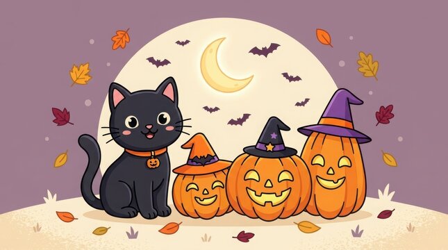Halloween black cat with jack o lanterns and bats, halloween