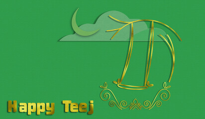 Happy Teej greeting card with a golden swing and paper-cut clouds on a green textured background. © mamta