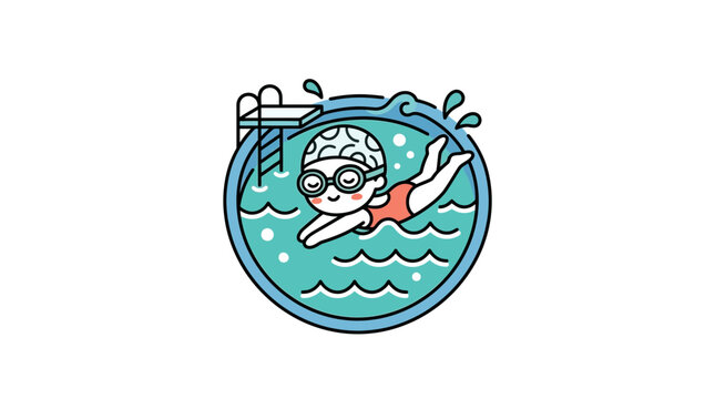 Cute cartoon child swimming in a pool with diving board, summer fun