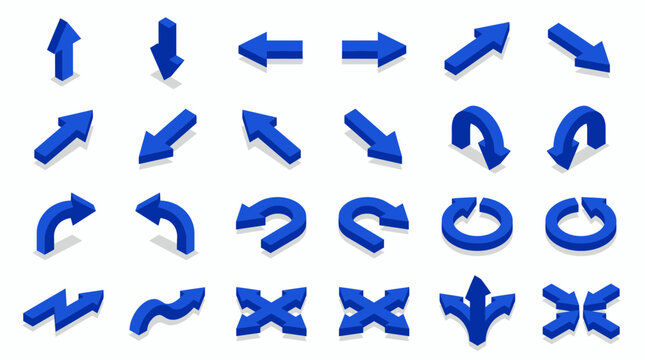 A diverse collection of blue 3D isometric arrows in various directions and curvilinear forms with drop shadows, representing digital interface elements and symbolizing user navigation