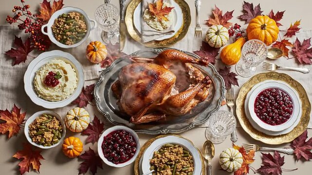 Festive Thanksgiving Table Setting with Roasted Turkey and Traditional Holiday Dishes with Fall Decorations