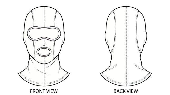 Vector outline of balaclava ski mask, front and back views, showing eye and mouth openings with stitch details, illustrating apparel patterns and representing fashion specs