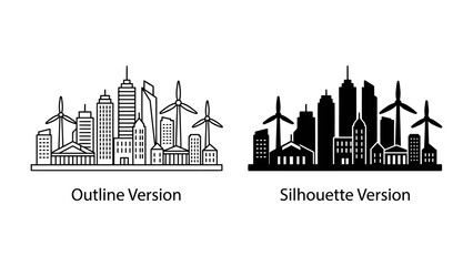 Fototapeta premium Sustainable Cityscape: Two contrasting depictions of a city skyline, one as an outline and the other as a silhouette.
