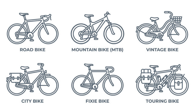 Six distinct bicycle outline icons, featuring road, mountain, vintage, city, fixie and touring bikes on a clean white background, representing outdoor activities, illustrating transportation icons