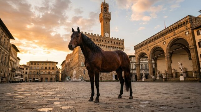 Majestic Horse Stands Proudly in Historic Piazza at Sunrise 2.