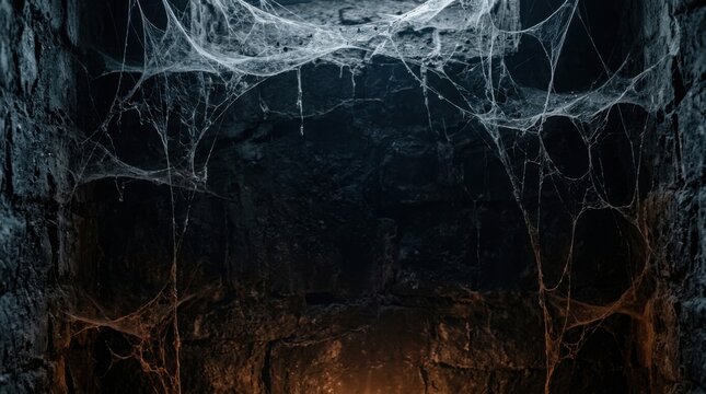 Halloween dark and spooky cave with webs, halloween