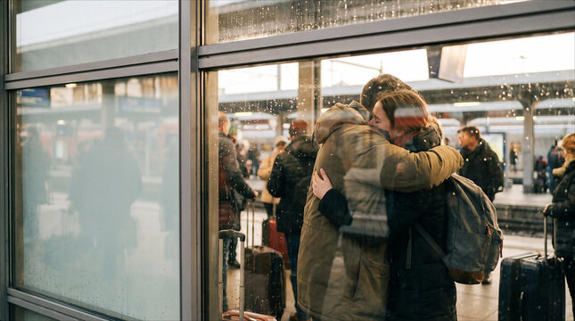 Emotional Couple Embracing Farewell Train Station Platform Glass Reflection Rainy Day Departure Romantic Goodbye Long Distance Relationship Travel Concept Passenger Reunion Terminal Heartfelt