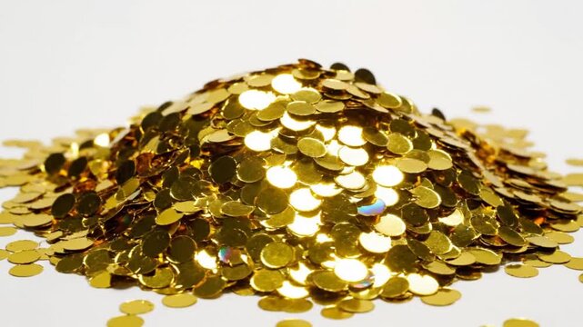 Shimmering close-up of a pile of gold confetti sparkling on a white surface with light reflections