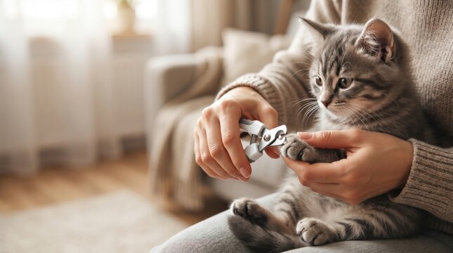 Owner trimming a kitten's claws with pet nail clippers at home. Cat nail care, pet grooming, kitten paw care, responsible pet ownership, hygiene and animal wellness. Copy space