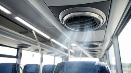 Obraz premium Cool air blowing from ceiling vents inside a modern bus on a hot summer day. Public transportation air conditioning, passenger comfort, ventilation, climate control and travel concept