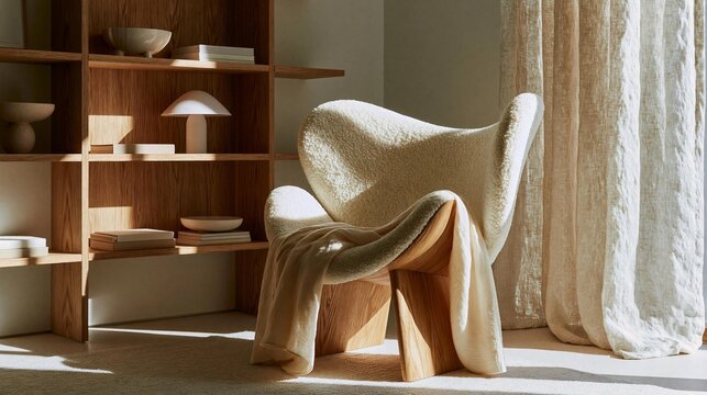 Modern living room with a wooden bookshelf on the left side and a white armchair on the right side.