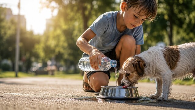 Boy pouring fresh water into a bowl for a thirsty dog during a hot summer day. Pet hydration, heat safety, animal care, extreme weather, and responsible pet ownership concept