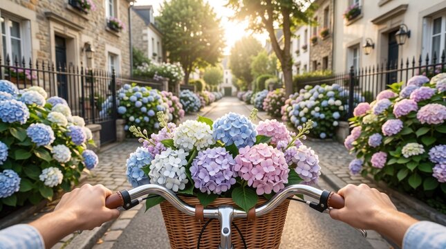 Riding a bicycle along a charming street lined with blooming hydrangeas. Summer cycling, flower garden, European neighborhood